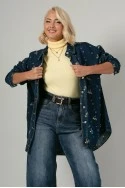 Jean jacket με τσέπες και κεντητά λουλούδια μπλε σκούρο