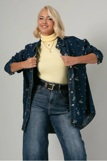 Jean jacket με τσέπες και κεντητά λουλούδια μπλε σκούρο