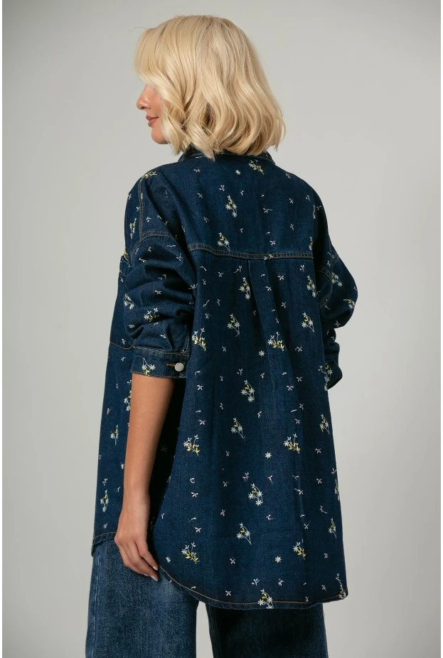 Jean jacket με τσέπες και κεντητά λουλούδια μπλε σκούρο