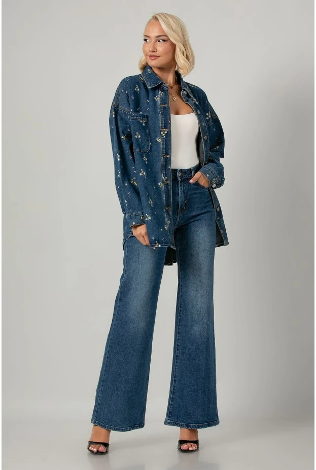Jean jacket με τσέπες και κεντητά λουλούδια μπλε
