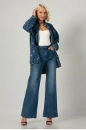 Jean jacket με τσέπες και κεντητά λουλούδια μπλε