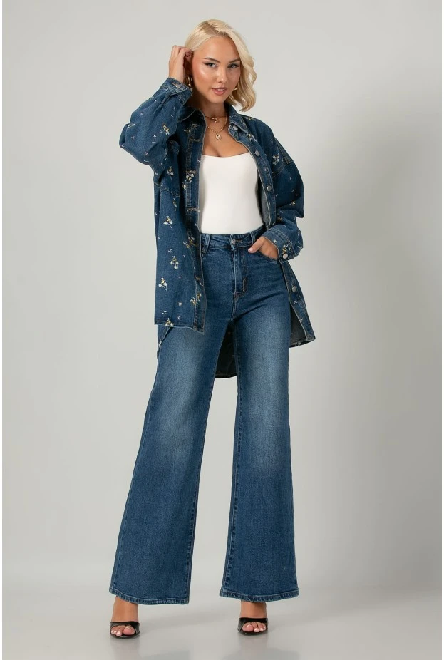 Jean jacket με τσέπες και κεντητά λουλούδια μπλε