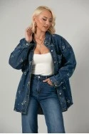 Jean jacket με τσέπες και κεντητά λουλούδια μπλε