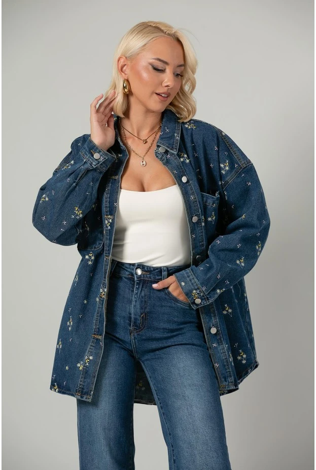 Jean jacket με τσέπες και κεντητά λουλούδια μπλε