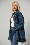 Jean jacket με τσέπες και κεντητά λουλούδια μπλε