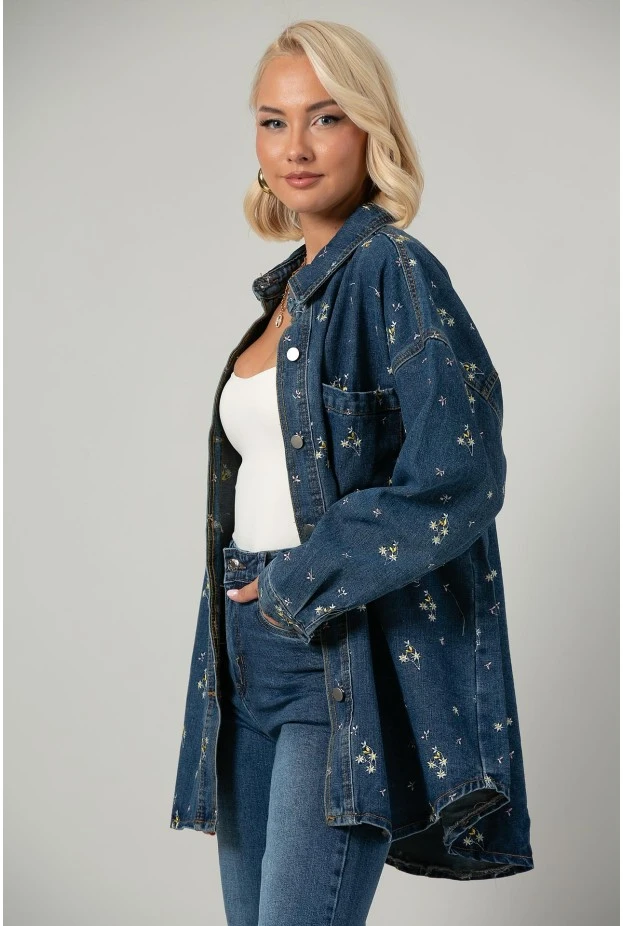 Jean jacket με τσέπες και κεντητά λουλούδια μπλε