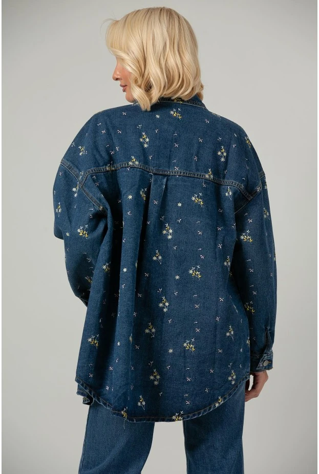 Jean jacket με τσέπες και κεντητά λουλούδια μπλε