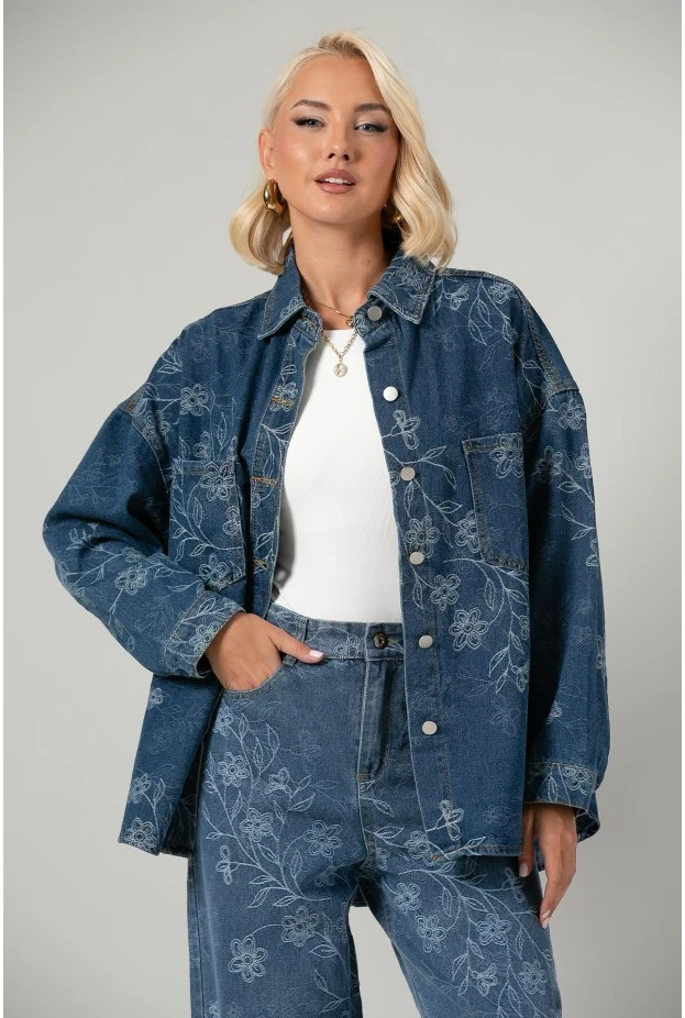 Jean jacket με κεντητά λουλούδια μπλε