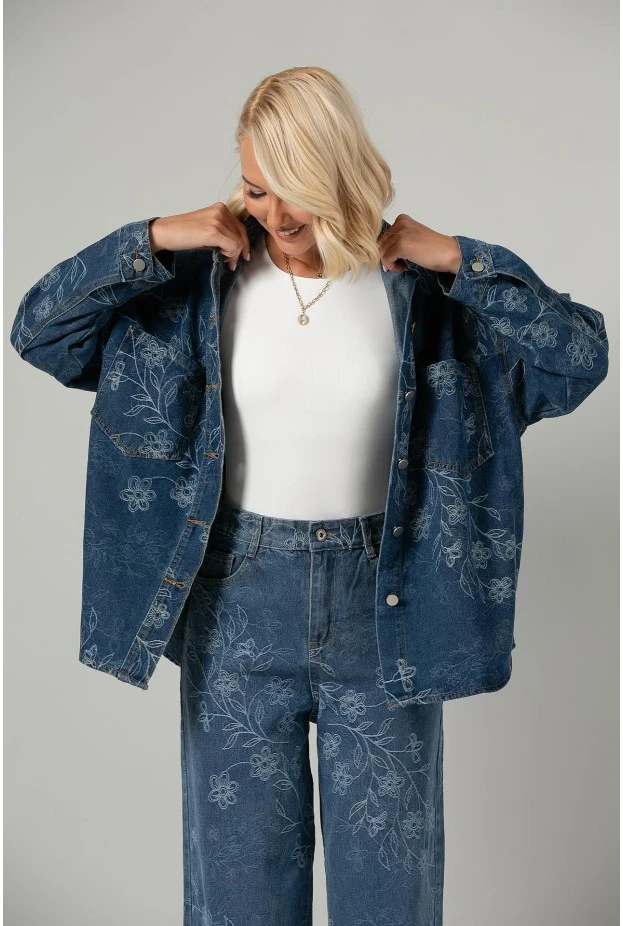 Jean jacket με κεντητά λουλούδια μπλε