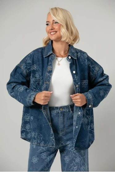 Jean jacket με κεντητά λουλούδια μπλε
