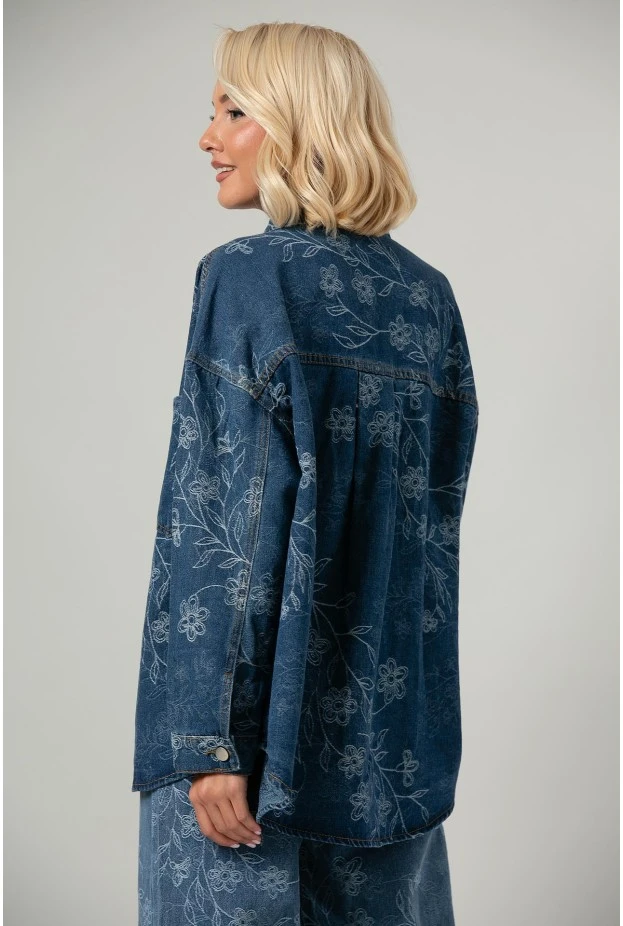 Jean jacket με κεντητά λουλούδια μπλε