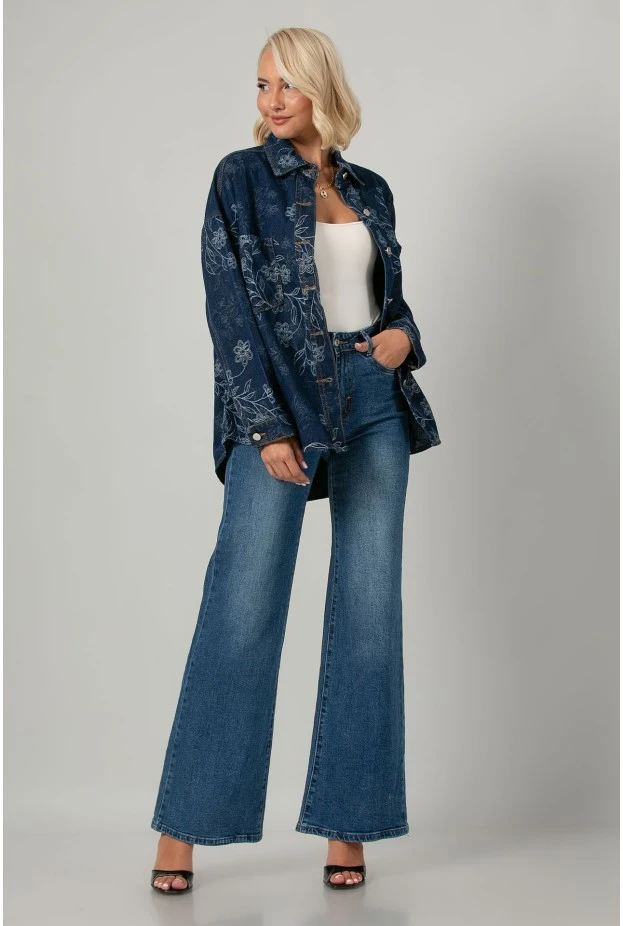 Jean jacket με κεντητά λουλούδια μπλε σκούρο