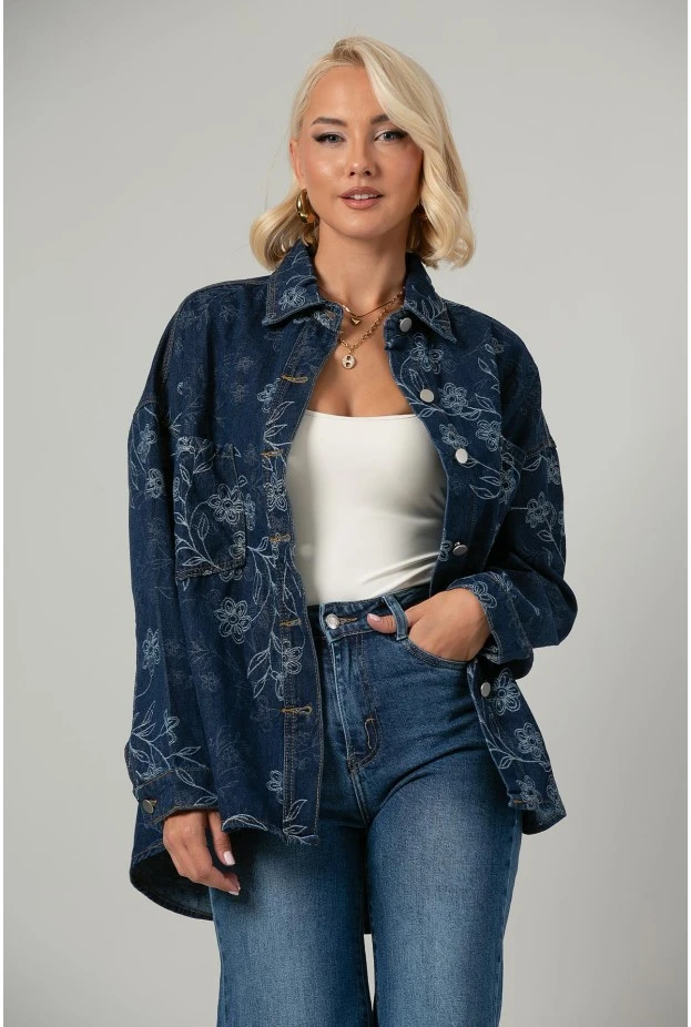 Jean jacket με κεντητά λουλούδια μπλε σκούρο