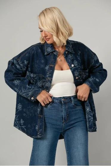Jean jacket με κεντητά λουλούδια μπλε