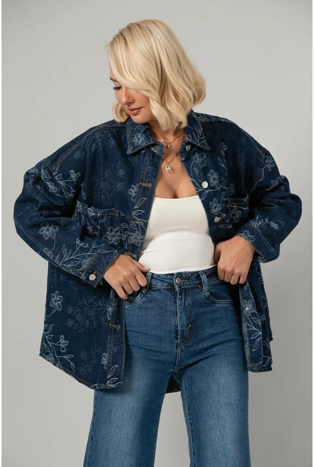 Jean jacket με κεντητά λουλούδια μπλε σκούρο