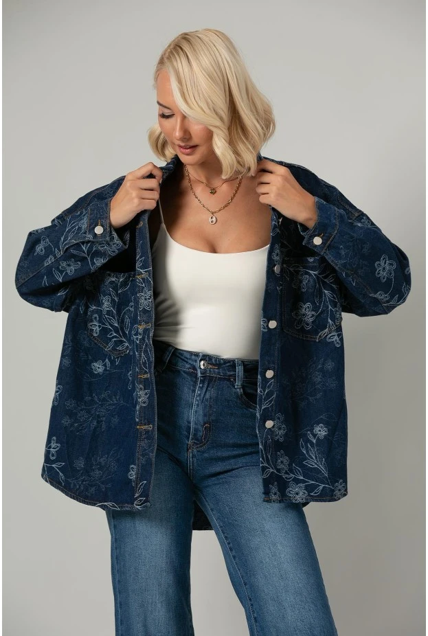 Jean jacket με κεντητά λουλούδια μπλε σκούρο