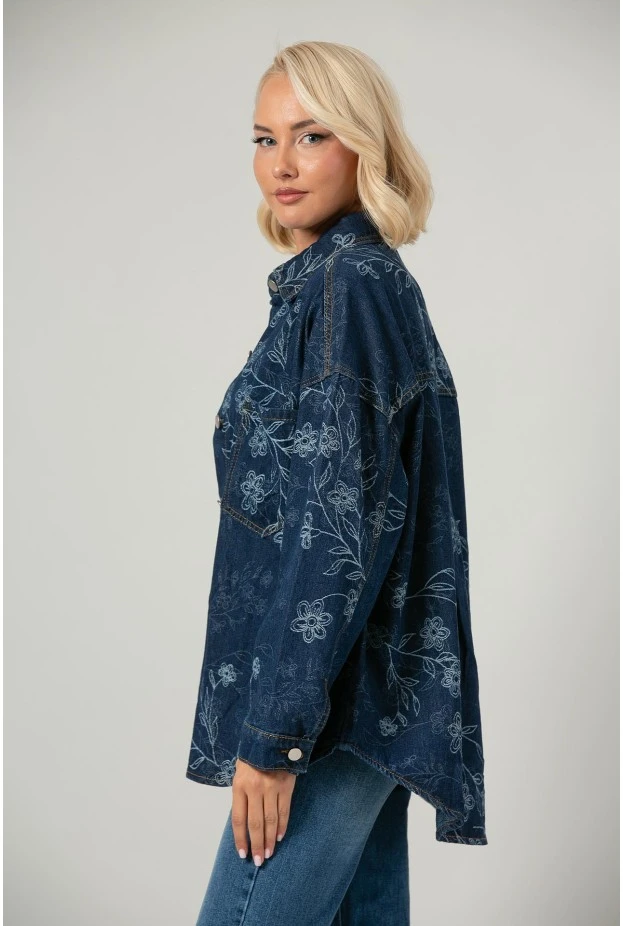 Jean jacket με κεντητά λουλούδια μπλε σκούρο