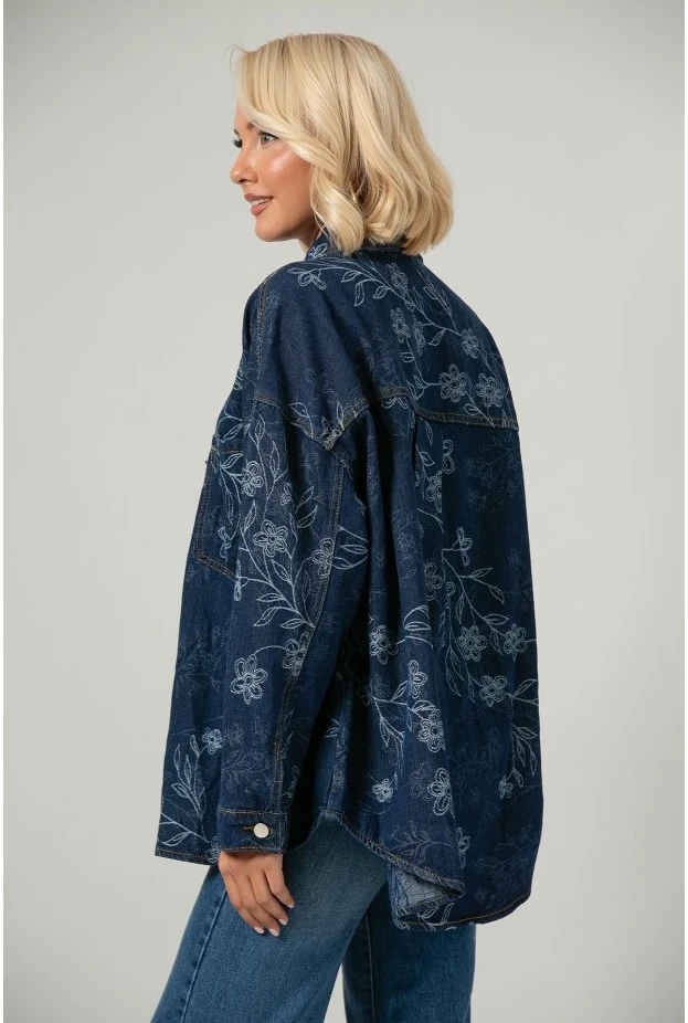 Jean jacket με κεντητά λουλούδια μπλε σκούρο
