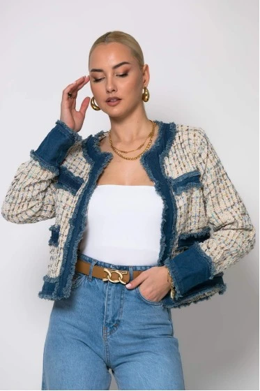 Jacket tweed με jean λεπτομέρειες μπεζ