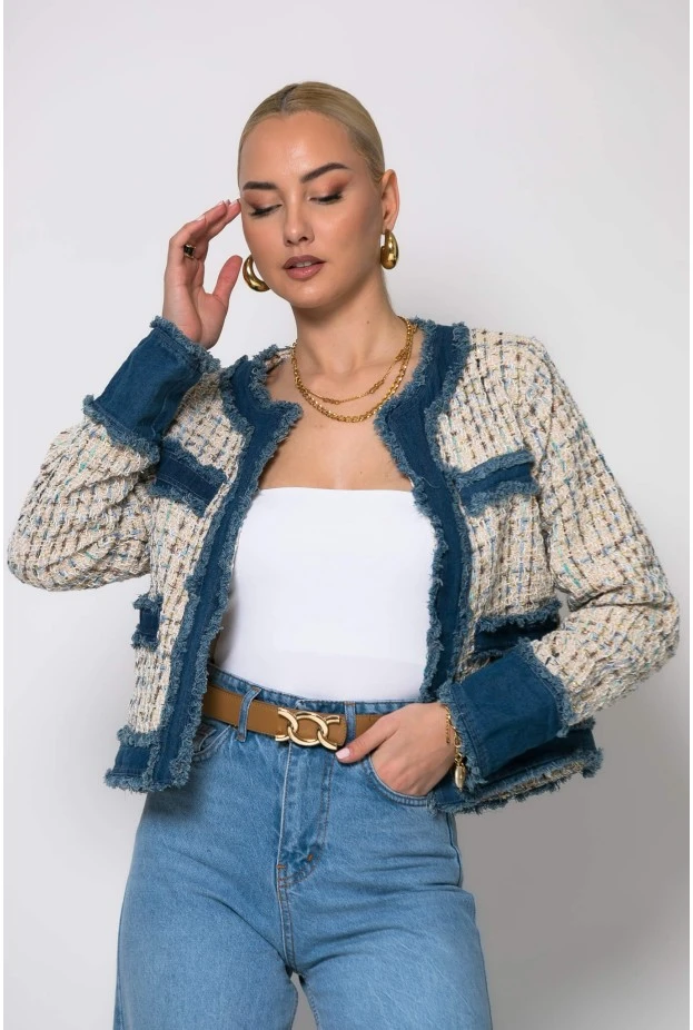 Jacket tweed με jean λεπτομέρειες μπεζ