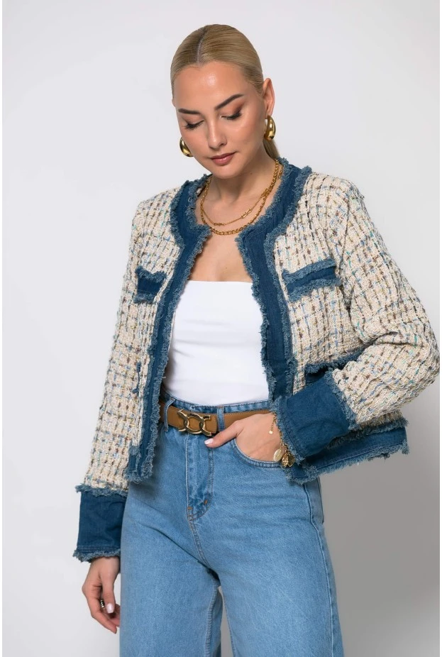 Jacket tweed με jean λεπτομέρειες μπεζ