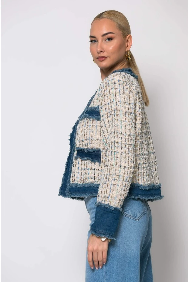 Jacket tweed με jean λεπτομέρειες μπεζ