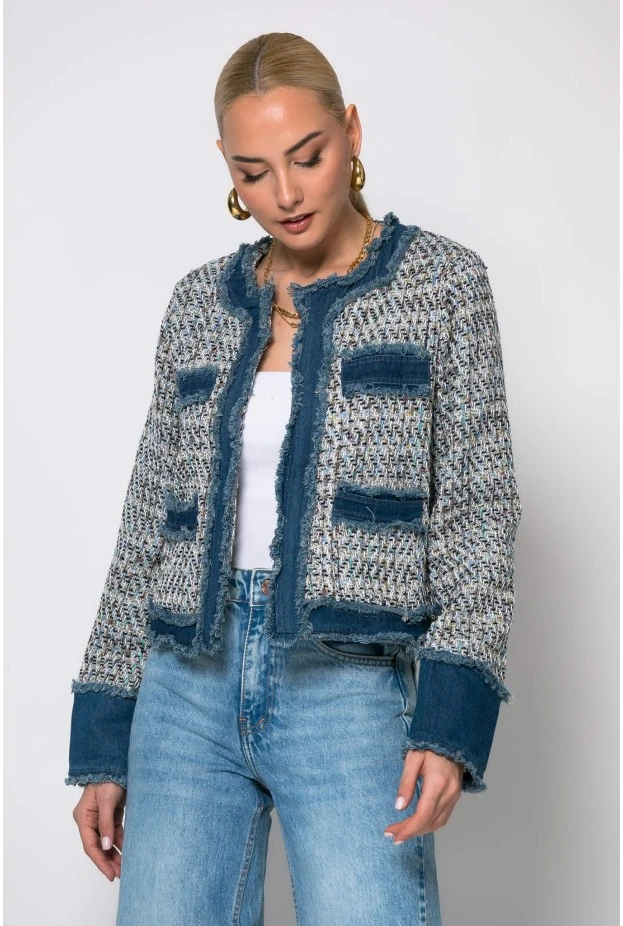 Jacket tweed με jean λεπτομέρειες μαύρο