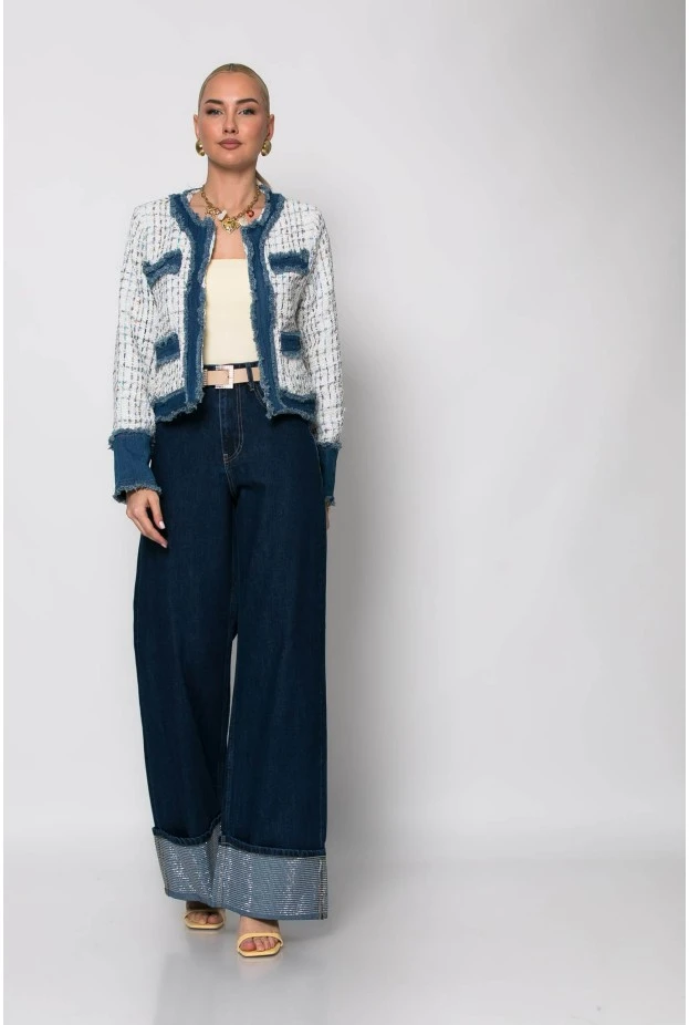 Jacket tweed με jean λεπτομέρειες λευκό