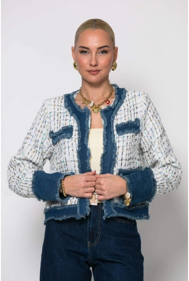 Jacket tweed με jean λεπτομέρειες λευκό