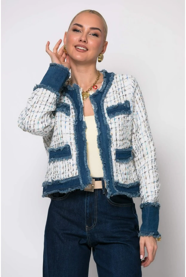 Jacket tweed με jean λεπτομέρειες λευκό