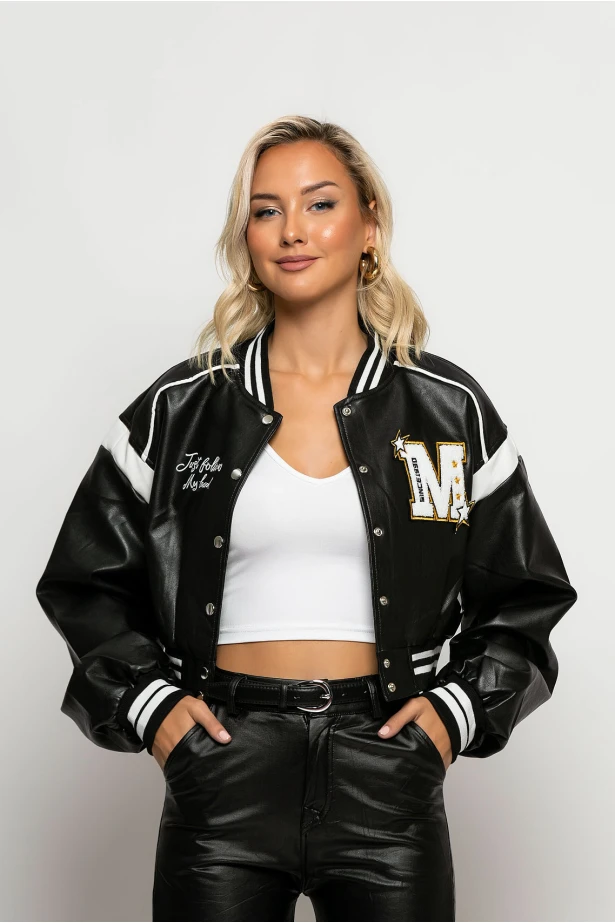Bomber jacket δερματίνη με στάμπα jellyfish μαύρο Bomber jacket δερματίνη με στάμπα jellyfish μαύρο