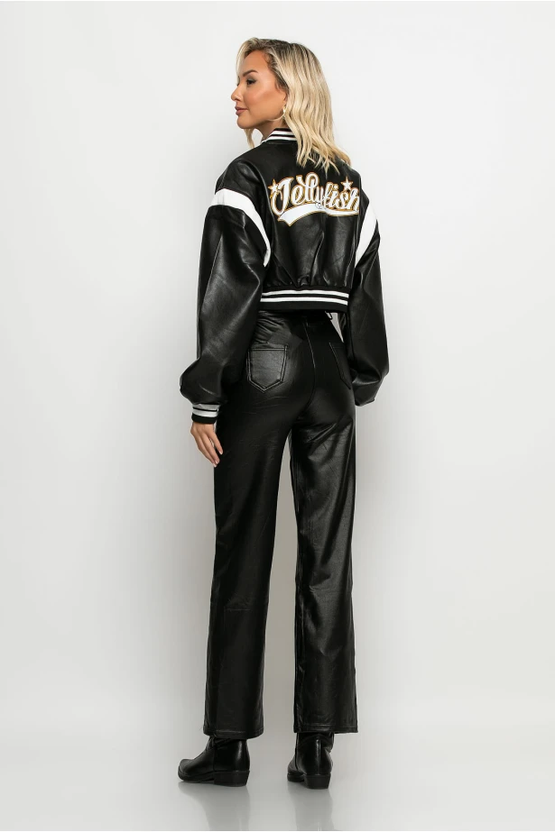 Bomber jacket δερματίνη με στάμπα jellyfish μαύρο Bomber jacket δερματίνη με στάμπα jellyfish μαύρο