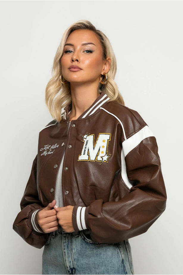 Bomber jacket δερματίνη με στάμπα jellyfish καφέ Bomber jacket δερματίνη με στάμπα jellyfish καφέ