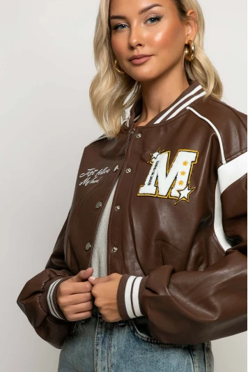 Bomber jacket δερματίνη με στάμπα jellyfish καφέ