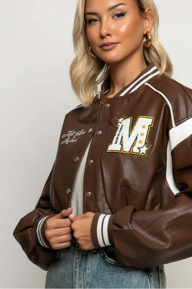 Bomber jacket δερματίνη με στάμπα jellyfish καφέ Bomber jacket δερματίνη με στάμπα jellyfish καφέ