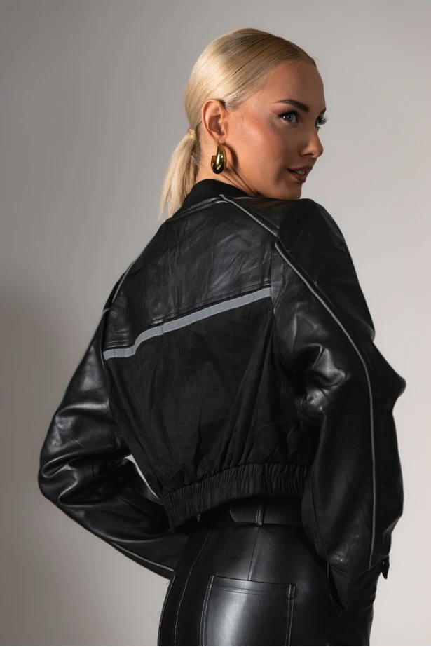 Bomber biker jacket  leather με σουέντ λεπτομέρειες μαύρο 