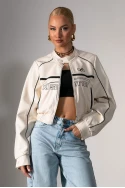 Bomber jacket biker leather με σουέντ λεπτομέρειες εκρού