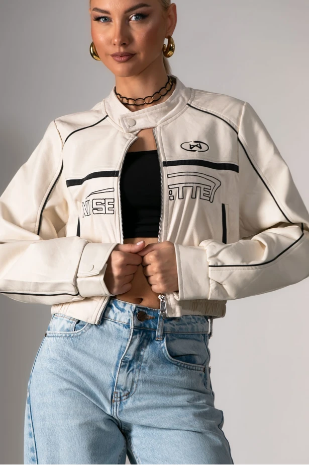 Bomber jacket biker leather με σουέντ λεπτομέρειες εκρού