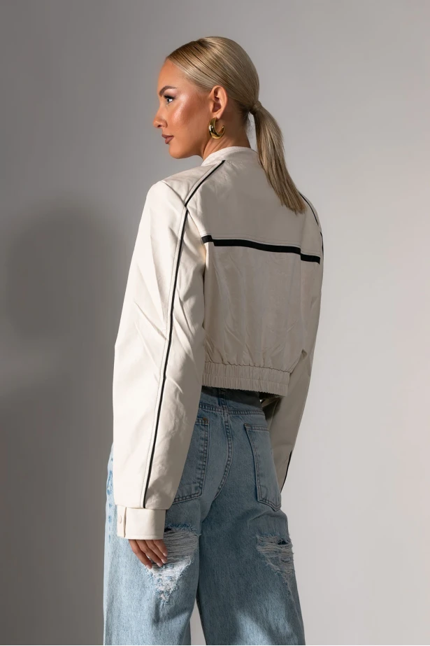 Bomber jacket biker leather με σουέντ λεπτομέρειες εκρού