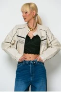 Bomber jacket biker leather με σουέντ λεπτομέρειες εκρού