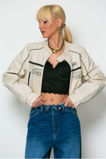 Bomber jacket biker leather με σουέντ λεπτομέρειες εκρού