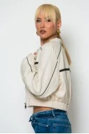 Bomber jacket biker leather με σουέντ λεπτομέρειες εκρού