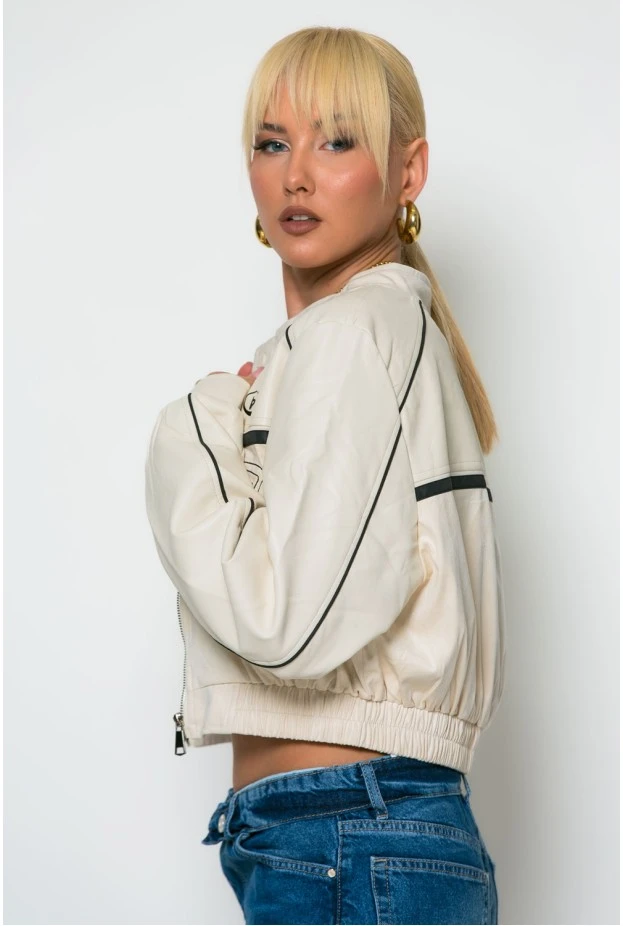 Bomber jacket biker leather με σουέντ λεπτομέρειες εκρού