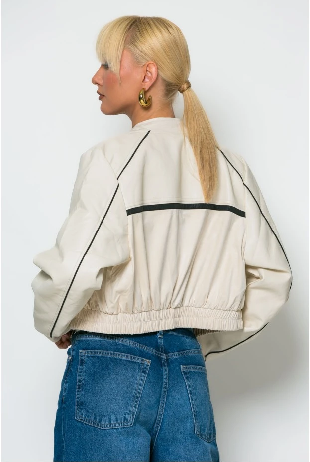 Bomber jacket biker leather με σουέντ λεπτομέρειες εκρού