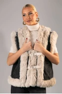 Jacket sheepskin αμάνικο με γούνινες λεπτομέρειες και λουράκια ανθρακί-μπεζ