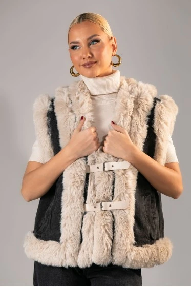 Sheepskin jacket αμάνικο με γούνινες λεπτομέρειες και λουράκια ανθρακί-μπεζ