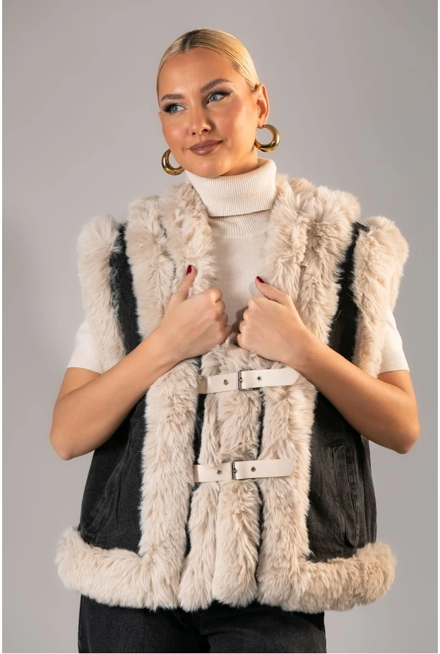 Jacket sheepskin αμάνικο με γούνινες λεπτομέρειες και λουράκια ανθρακί-μπεζ