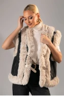 Jacket sheepskin αμάνικο με γούνινες λεπτομέρειες και λουράκια ανθρακί-μπεζ