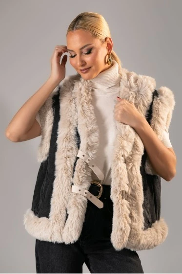 Sheepskin jacket αμάνικο με γούνινες λεπτομέρειες και λουράκια ανθρακί-μπεζ