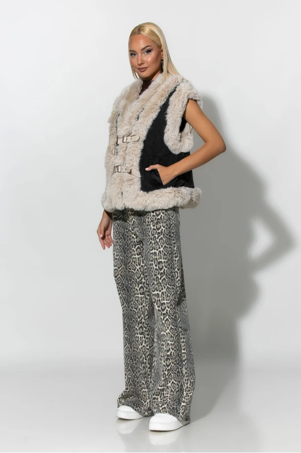 Sheepskin jacket αμάνικο με γούνινες λεπτομέρειες και λουράκια ανθρακί-μπεζ